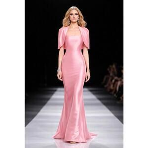 Badgley Mischka Cape Gown sz 4 Blush Pink Modest NWOT Elegant Formal Runway $990